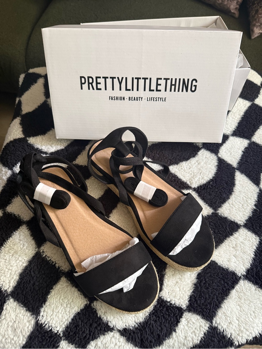 PrettyLittleThing Black Wrap Tie Espadrille Sandals